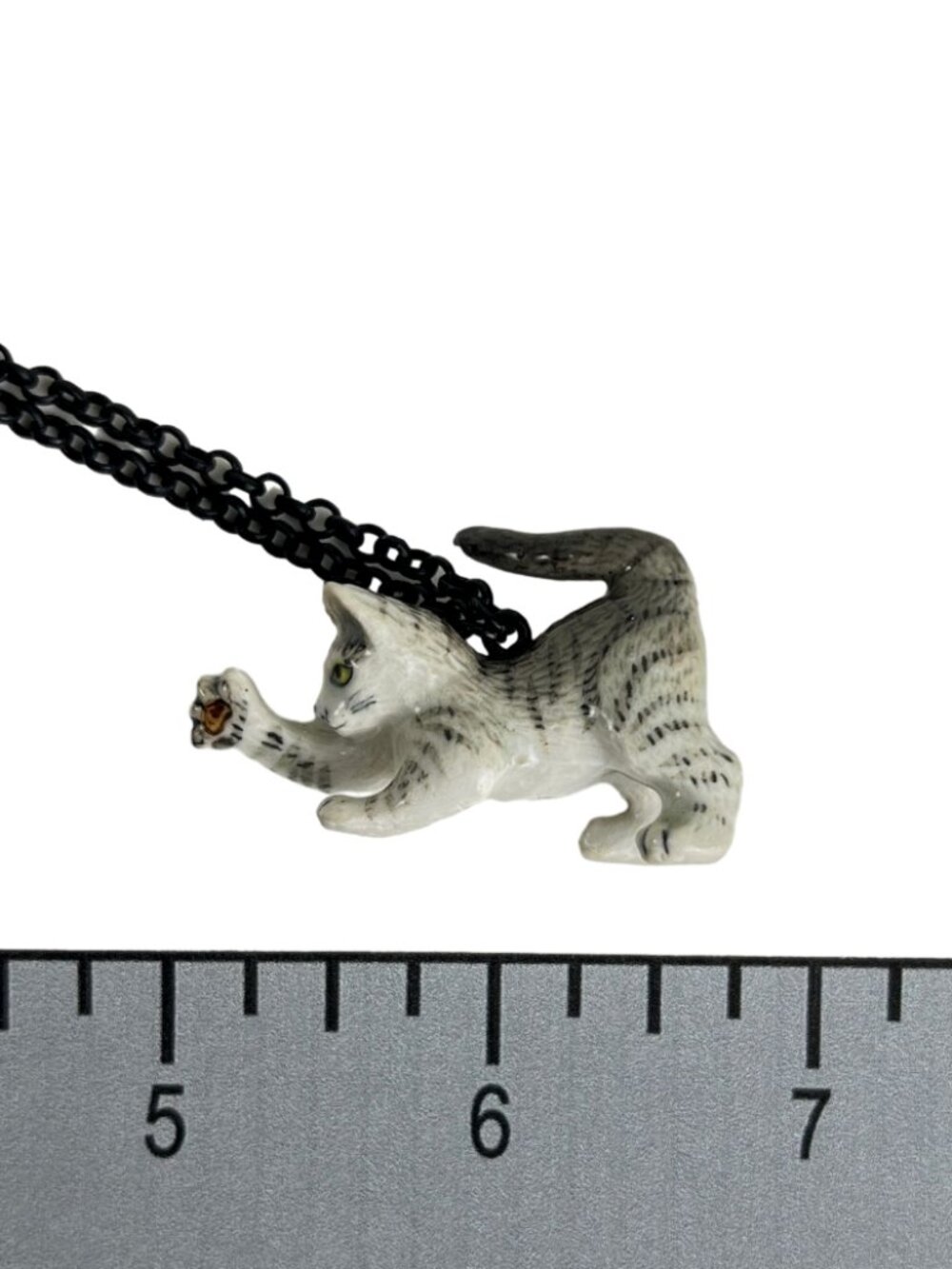 Handmade Miniature Ceramic Playful Gray Striped Kitten Cat Pendant Necklace - Picture 9 of 9